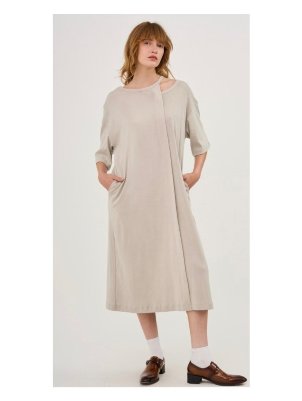 Gershon Bram Flora Pullover T-Shirt Dress Beige Lagenlook Small